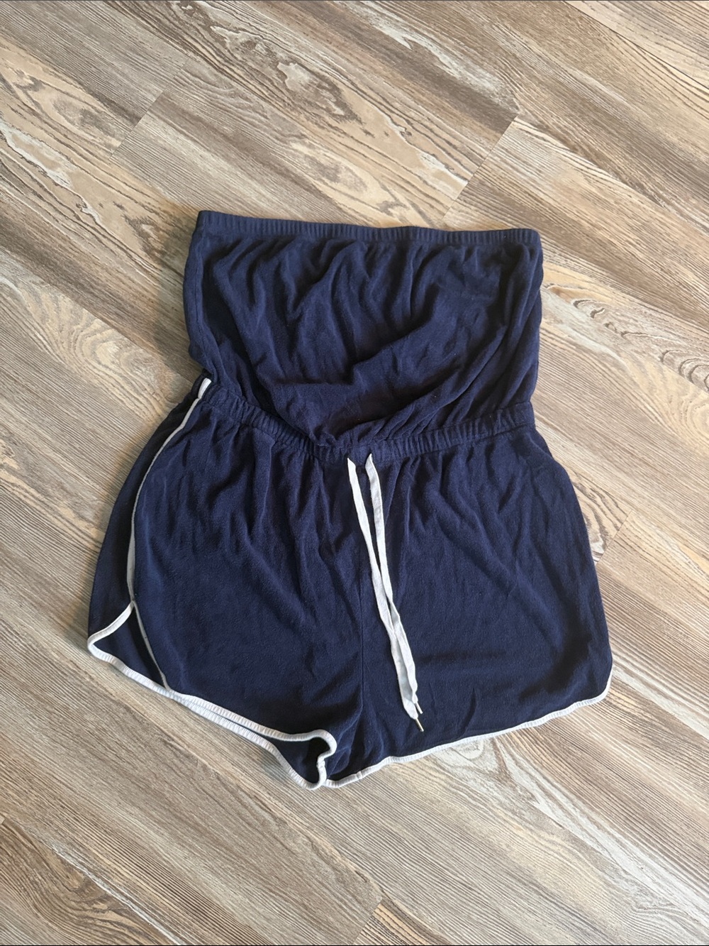 Forever 21 Navy Strapless Drawstring Romper with White Trim
